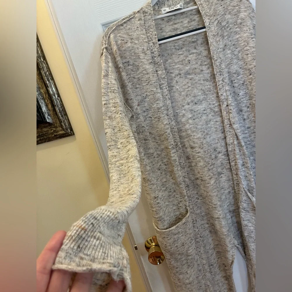 Zara Marled Neutral Open-Front Long Duster Cardigan with Split Back - Picture 3 of 9